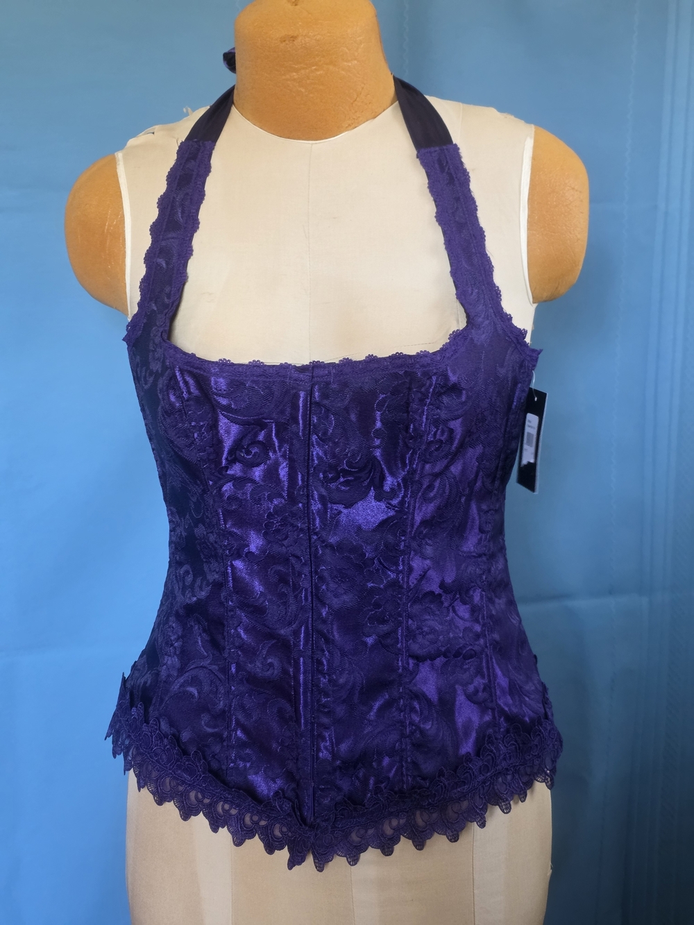 NWT Frederick's of Hollywood Purple Jacquard Halter Corset Bustier Size 38 Y2K